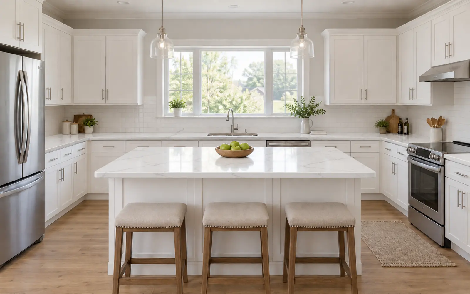 Warm bright kitchen with a white stone island