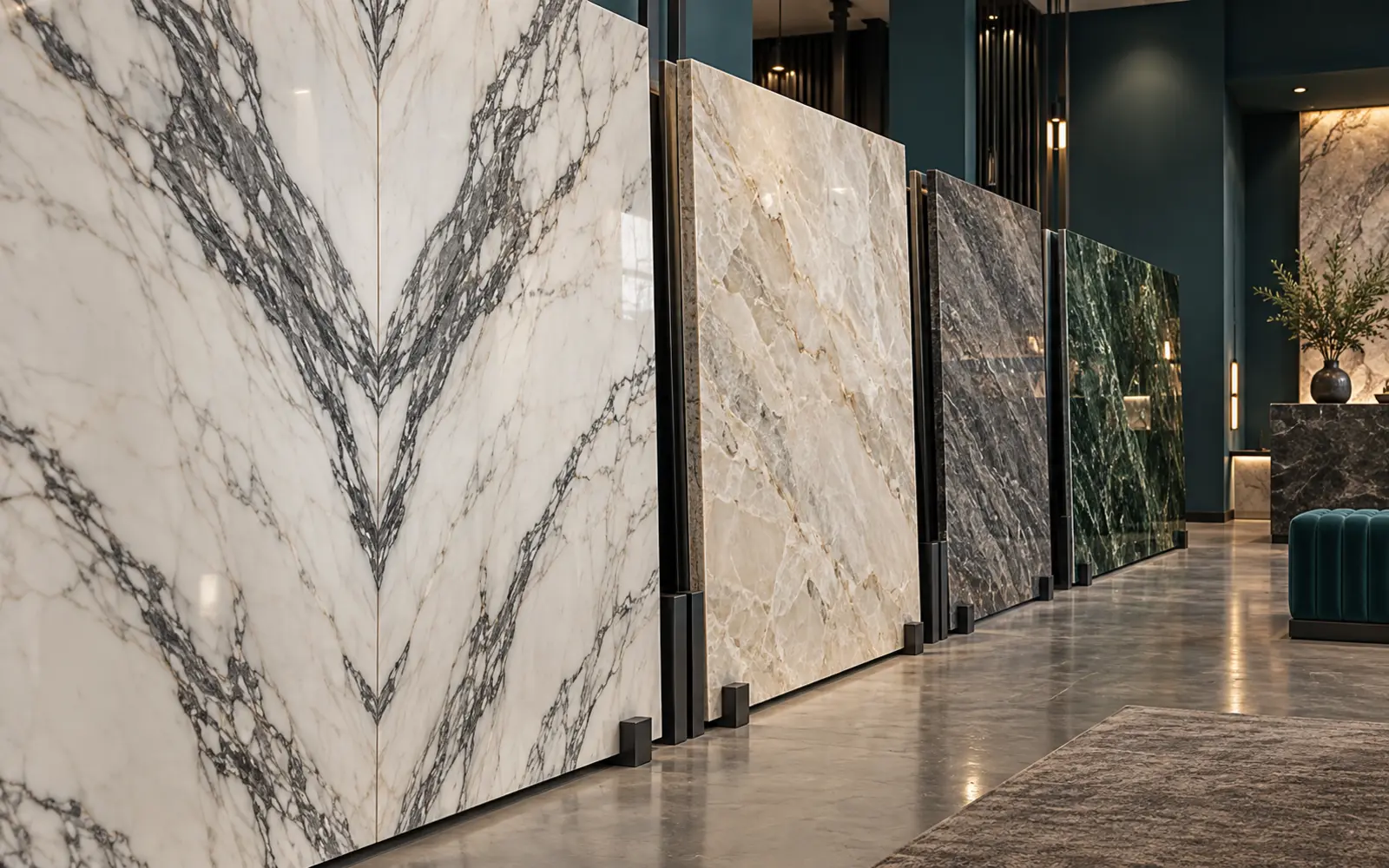 Quartz and granite slabs in a premium showroom